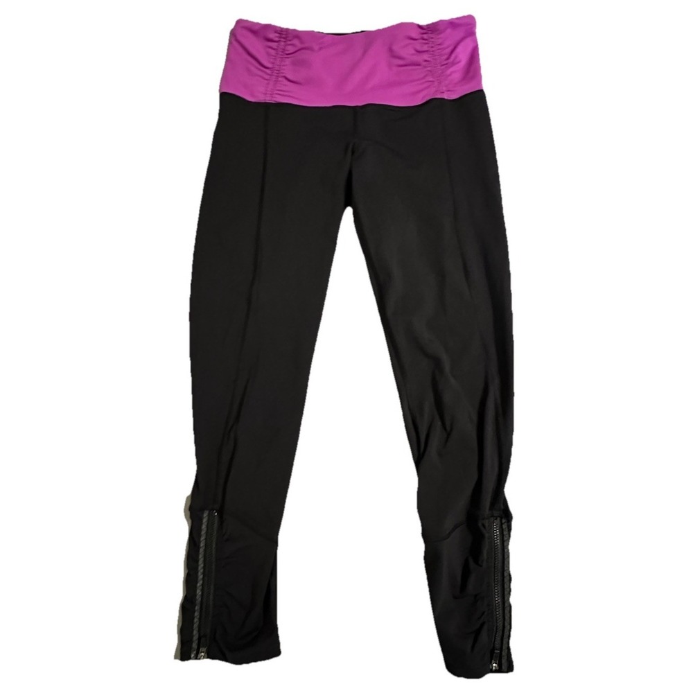 Lululemon Women's Lgging Black with Purple Waist Leg Zippers Back Pocket Size 6
